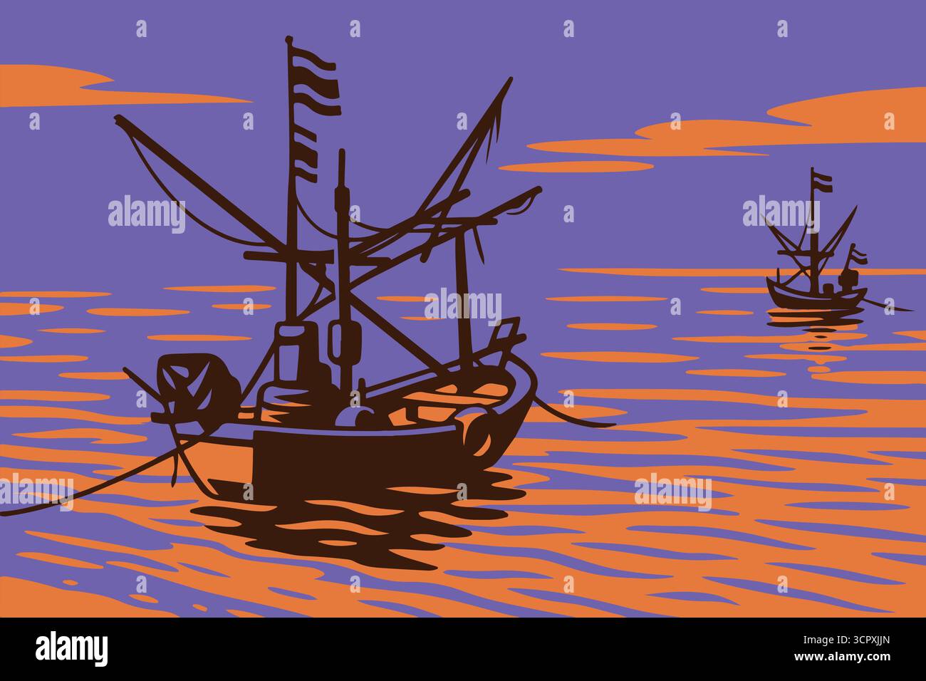 Vibrante illustrazione vettoriale di una barca da pesca tradizionale sulle calme acque marine durante il tramonto, ideale per concetti di vita marina, di viaggio e costiera. Illustrazione Vettoriale