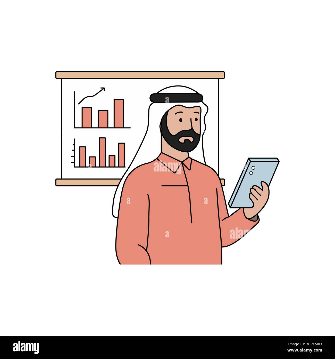 Un uomo mediorientale in abito tradizionale in piedi in una presentazione Illustrazione Vettoriale