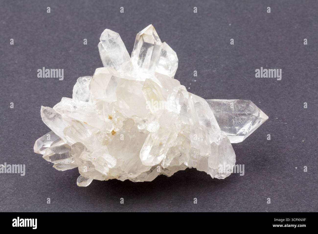 Primo piano di un gruppo di cristalli di quarzo trasparenti su sfondo grigio scuro. I cristalli sono di varie dimensioni e forme, per lo più traslucidi. Foto Stock