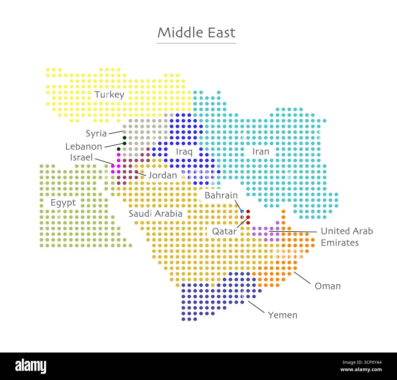 Mappa tratteggiata del Medio Oriente con i confini e le etichette dei paesi. Illustrazione Vettoriale