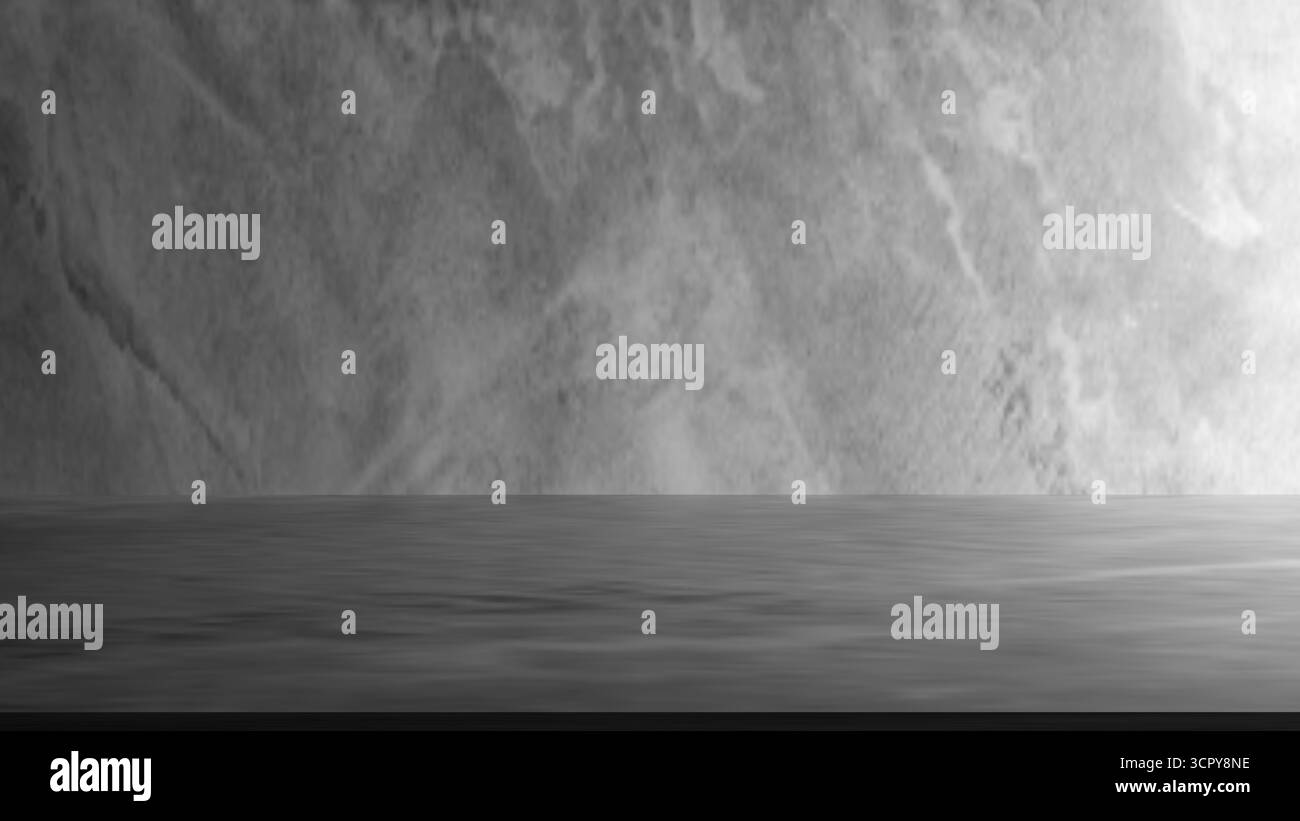 3D monocromatico verticale 9:16 con pareti in marmo grigio dettagliato e pavimento con trama scura, sfondo elegante per la fotografia dei prodotti, retro studio Foto Stock