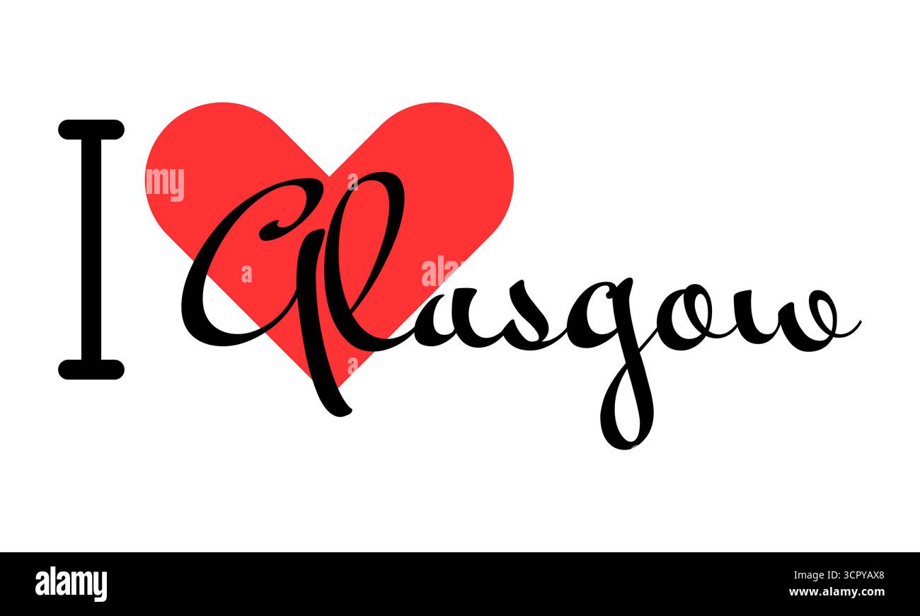 Amo Glasgow, città del Regno Unito. Lettere disegnate a mano con cuore rosso. Caratteri per illustrazioni vettoriali, design moderno per t shirt, striscioni, pos Illustrazione Vettoriale