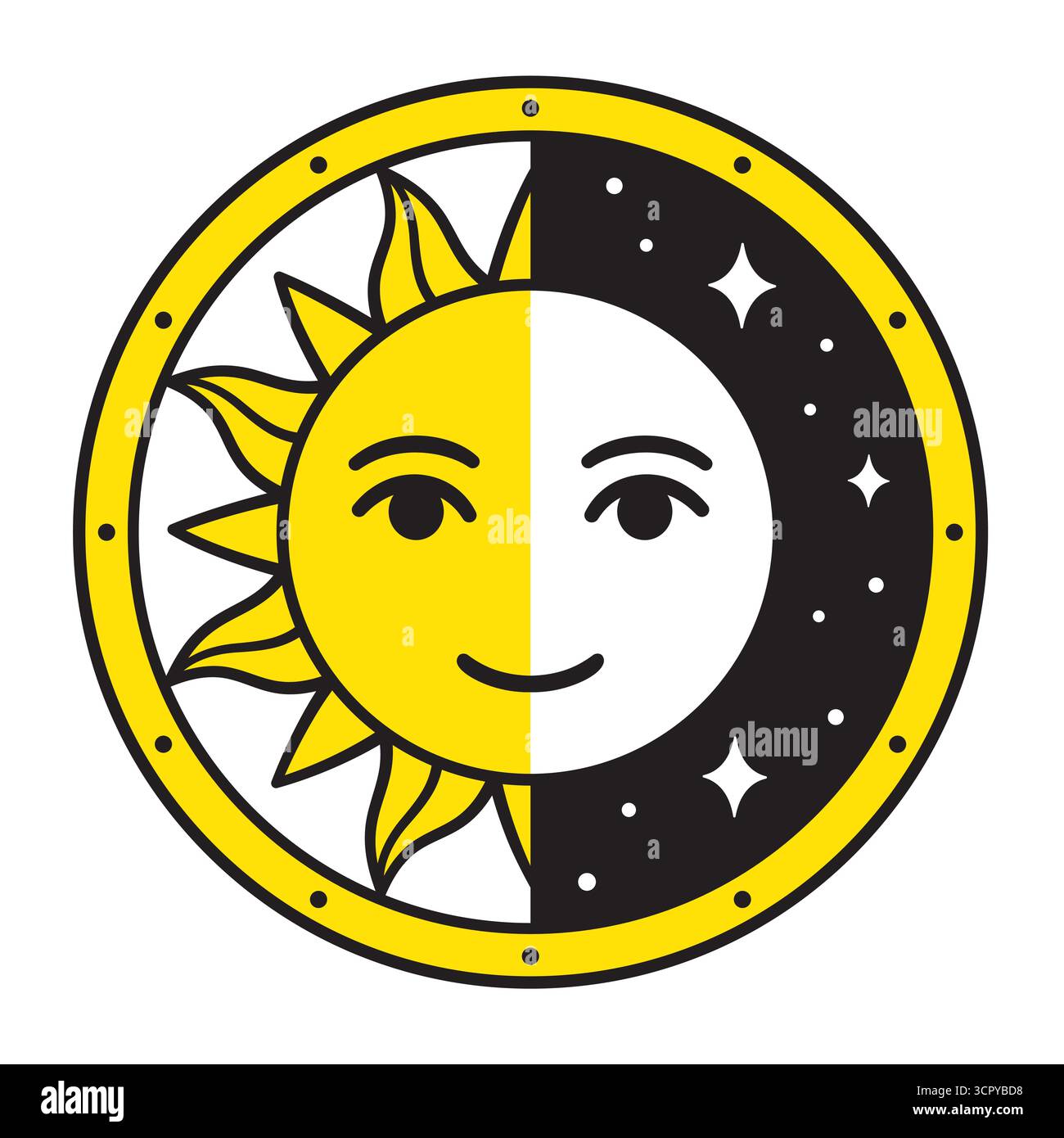 Semisole e mezza luna stilizzati disegnando in cerchio. Giorno e notte, equilibrio e unità. Carino e semplice simbolo di equinozio. Illustrazione grafica clip vettoriale Illustrazione Vettoriale