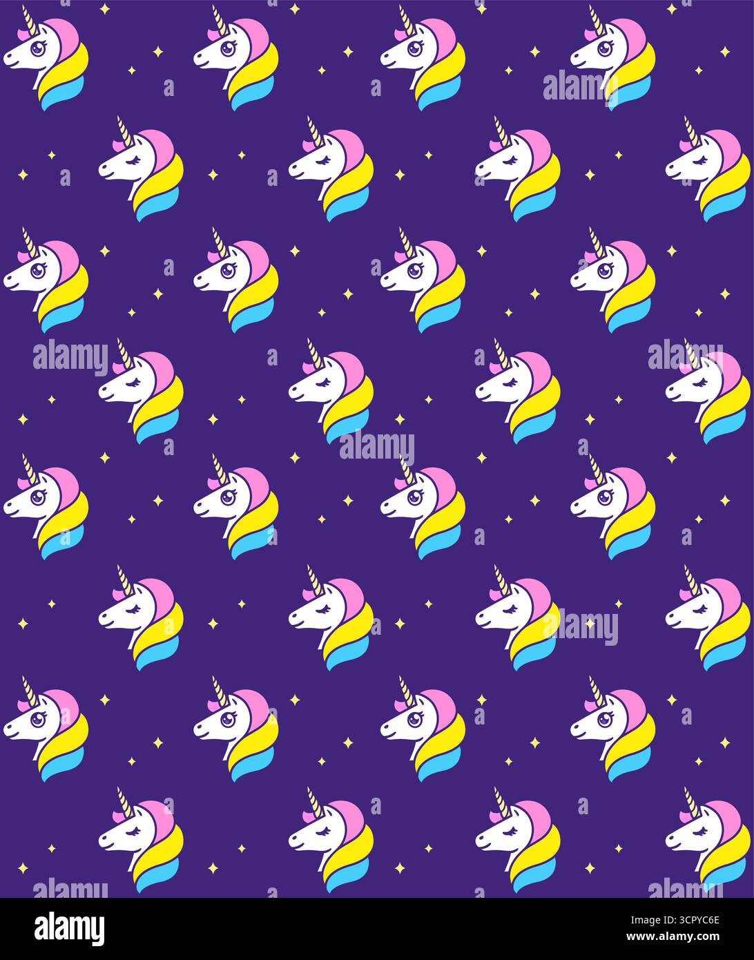 Simpatico motivo unicorno senza cuciture. Sfondo vettoriale viola scuro con teste di unicorno e scintille. Illustrazione Vettoriale