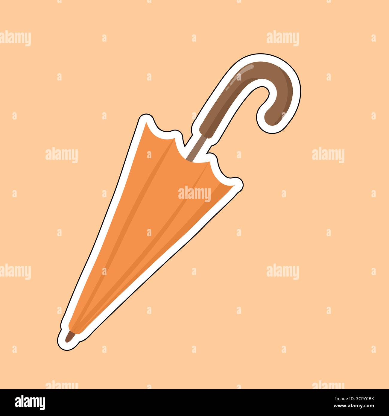 Ombrello chiuso stilizzato con baldacchino arancione e manico marrone, contorno bianco. Ideale per immagini in giornata piovosa, icone del tempo autunnale, decorazioni stagionali ed educ Illustrazione Vettoriale