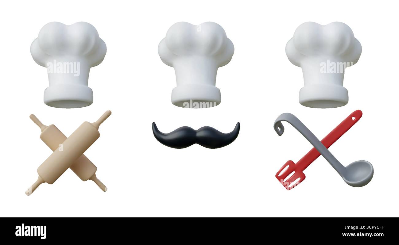 Icona Chef 3D. Cappello da cucina. Utensili alimentari professionali o uniformi da indossare. Panetteria. Mestolo da cucina e toque. Fate i baffi per fornaio. Posate da cucina. Preparazione dei pasti. Set di logo dei cartoni animati vettoriali Illustrazione Vettoriale
