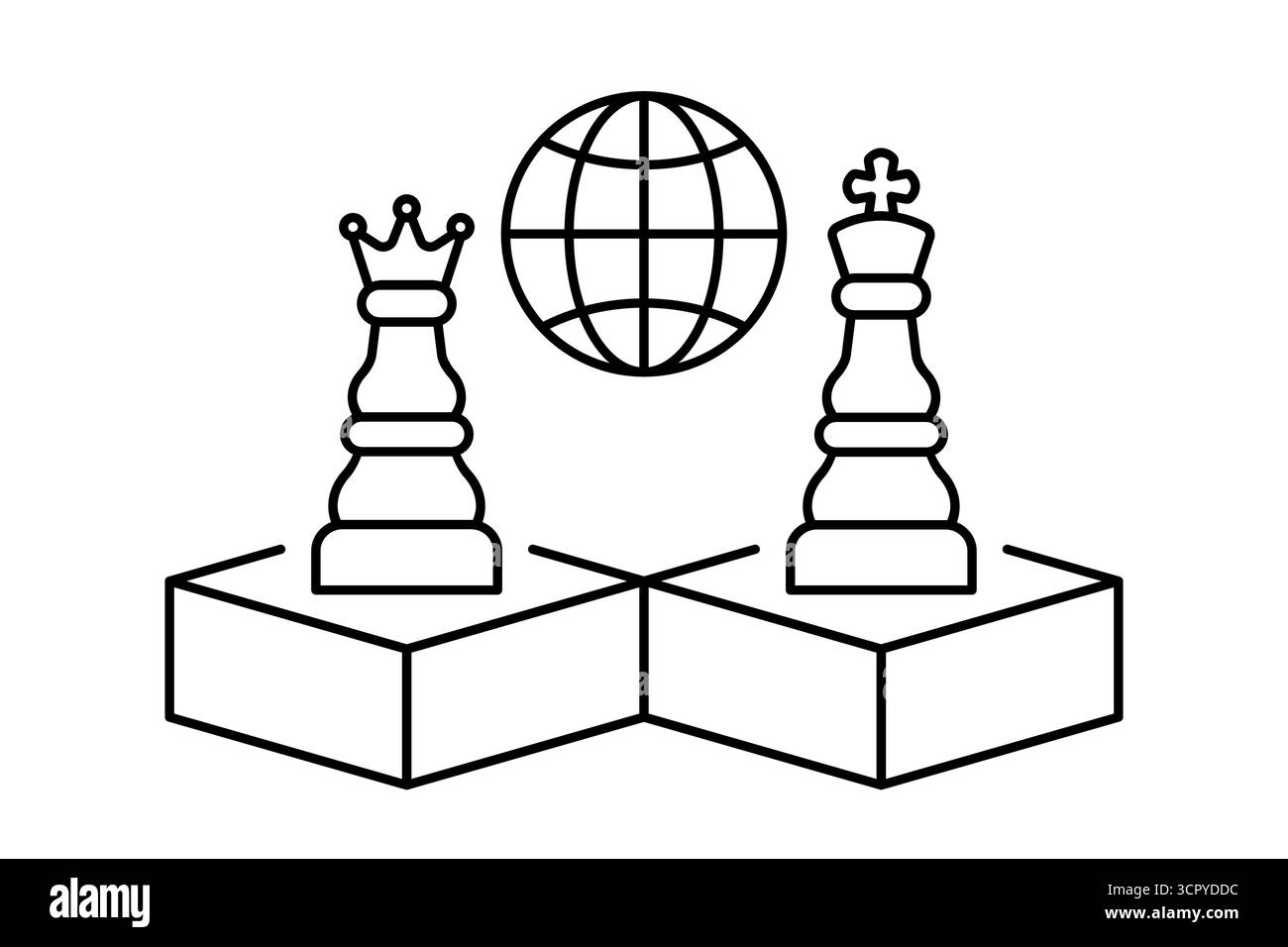 Pezzi da scacchi di re e regina con icona a forma di globo. Giornata internazionale degli scacchi. Strategia e leadership globali. Diplomazia, pianificazione aziendale, Vector Illustrazione Vettoriale