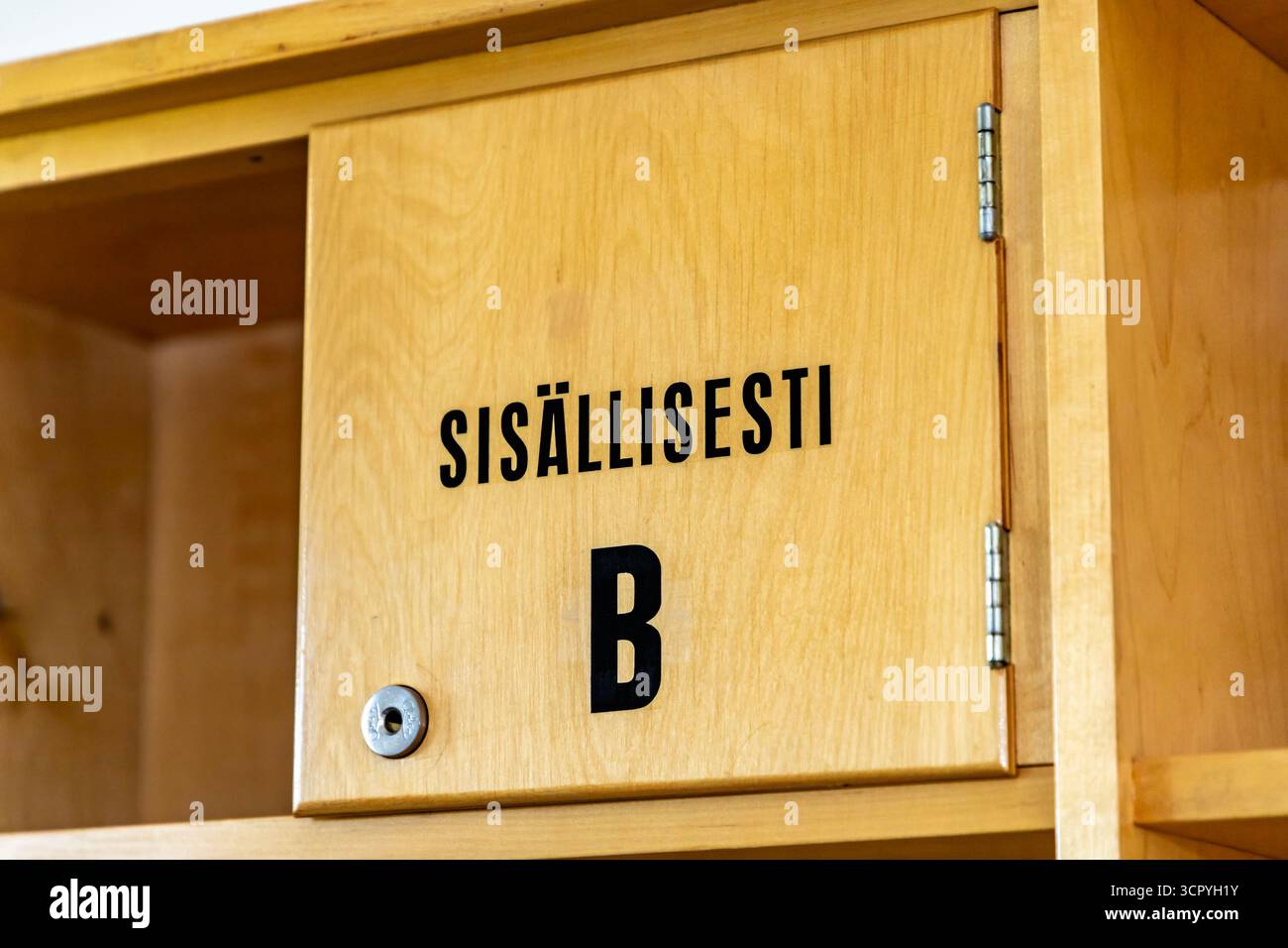 Un armadietto di medicina d'epoca a Lapinlahden Lähde, la precedente sede dell'ospedale Lapinlahti. Foto Stock