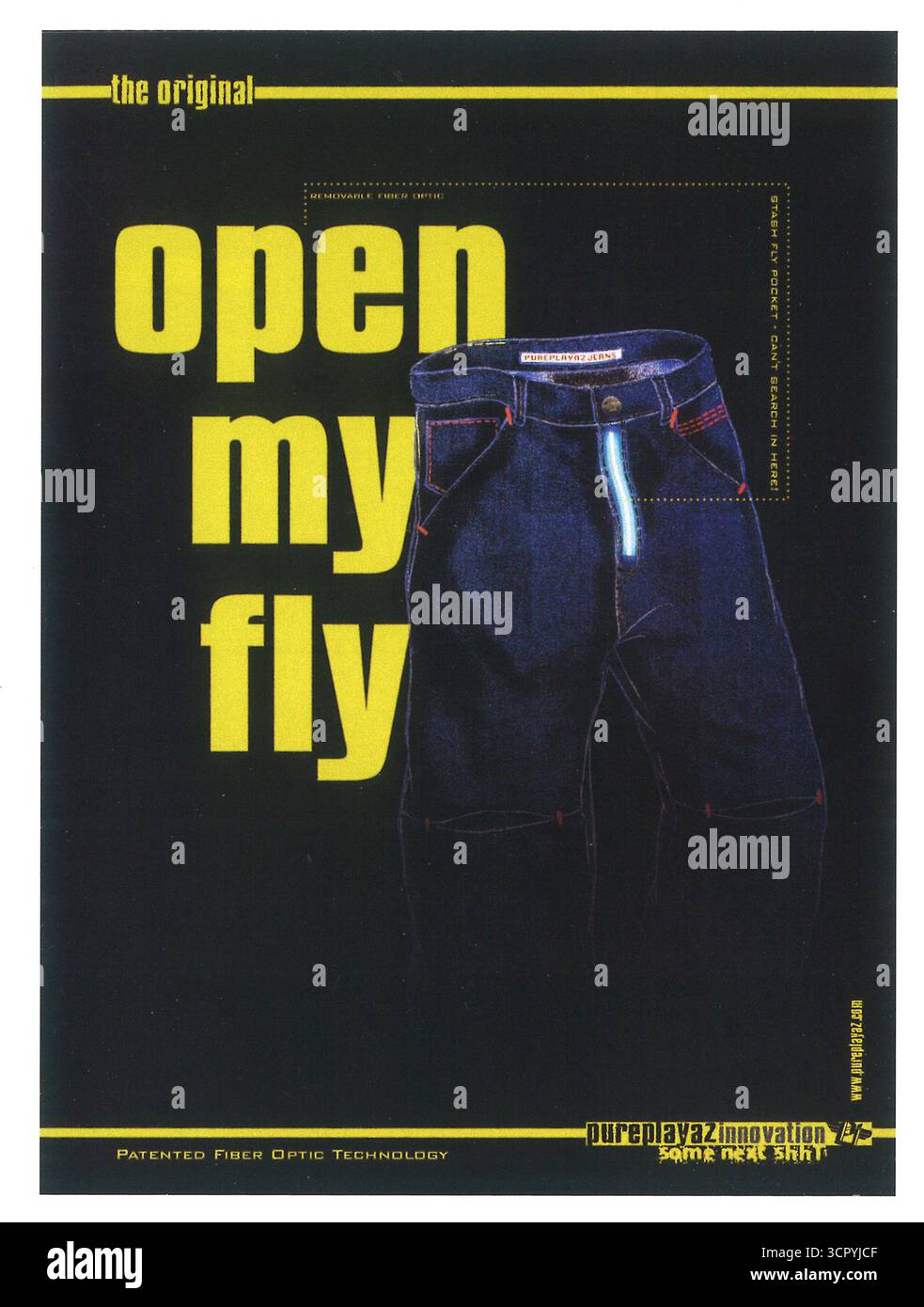 2000 annuncio PurePlayaz Jeans con lo slogan "Apri la mia mosca". Foto Stock