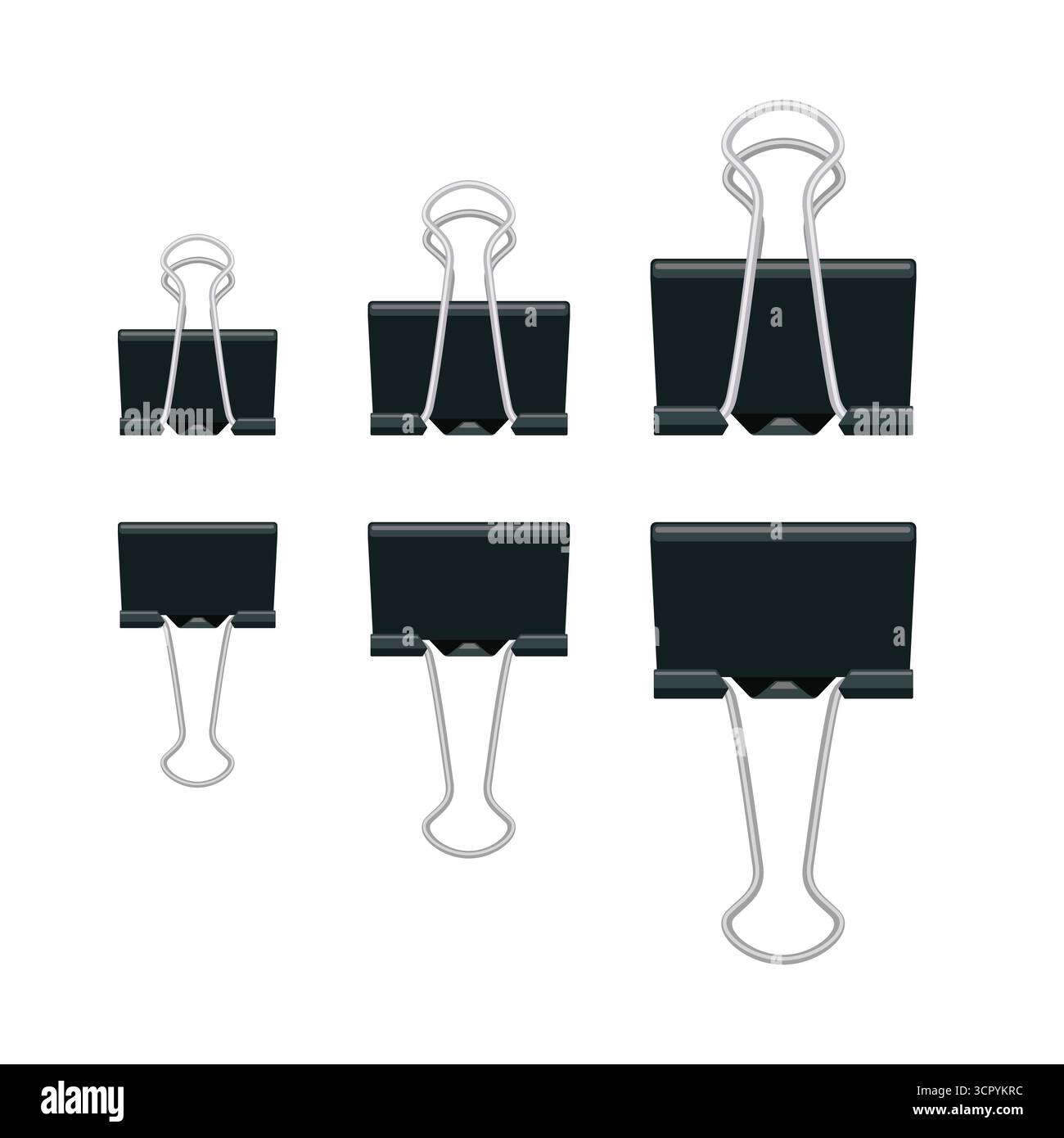 Set di graffette per carta legante nera. Illustrazione vettoriale isolata su sfondo bianco Illustrazione Vettoriale