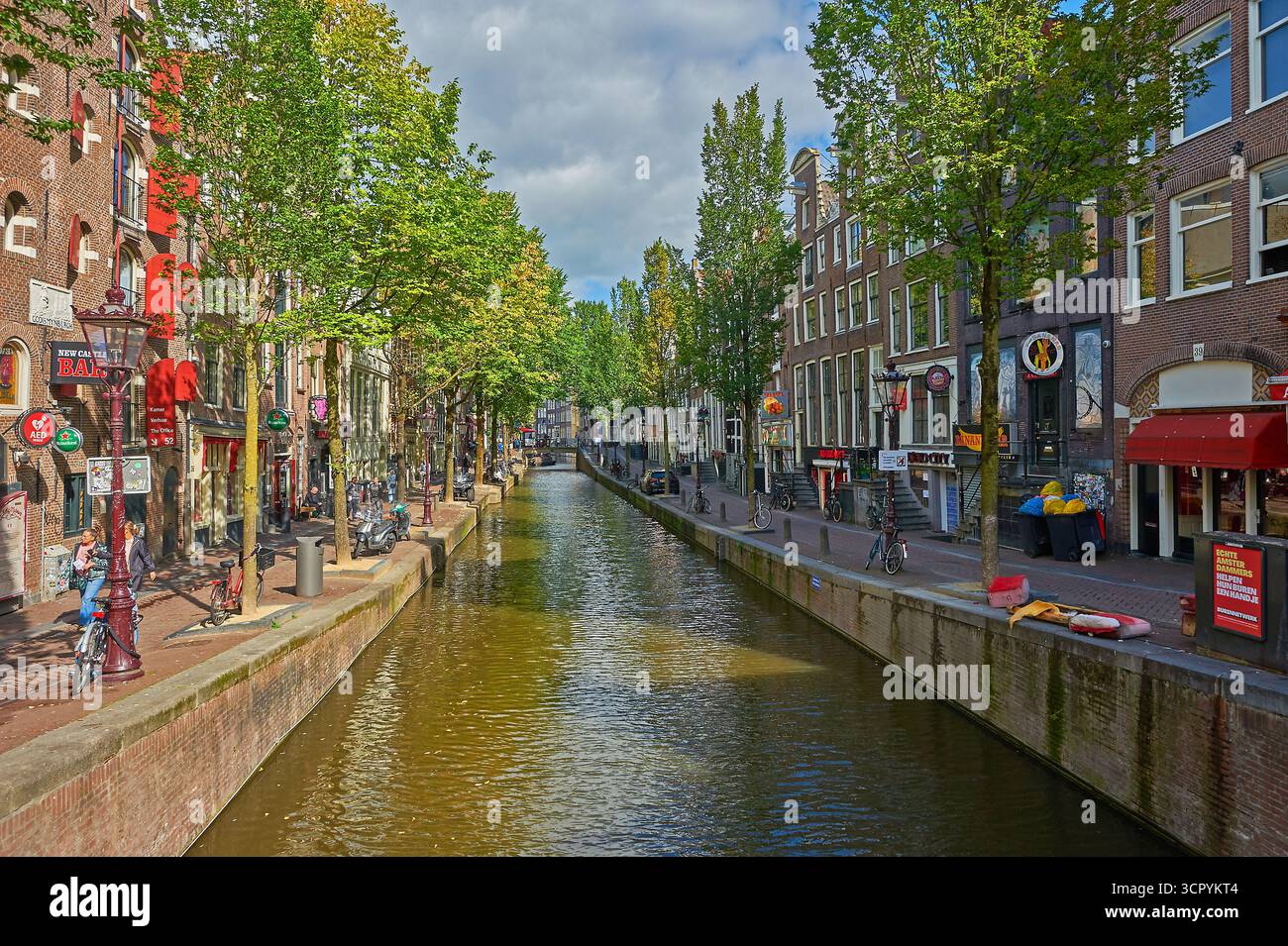 Gli alberi all'inizio dell'autunno fiancheggiano i canali di Amsterdam, Paesi Bassi Foto Stock