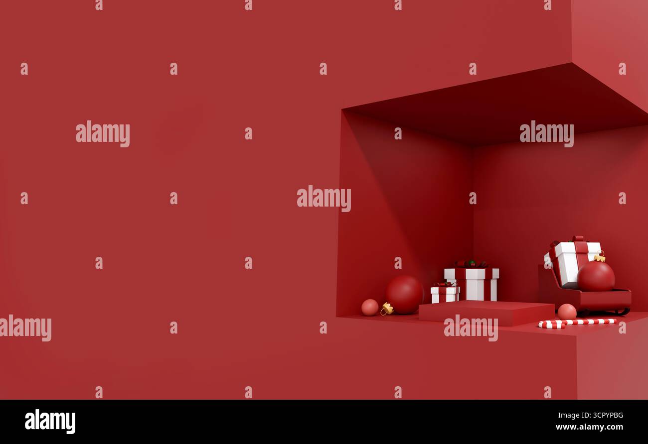 Moderno sfondo rosso natalizio con scatole regalo, bastoncino di caramelle e ornamenti natalizi in una scena 3D minimalista Foto Stock