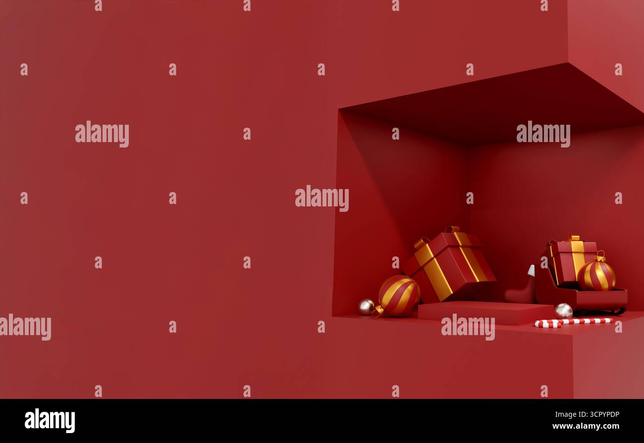 Moderno sfondo rosso natalizio con scatole regalo, bastoncino di caramelle e ornamenti natalizi in una scena 3D minimalista Foto Stock