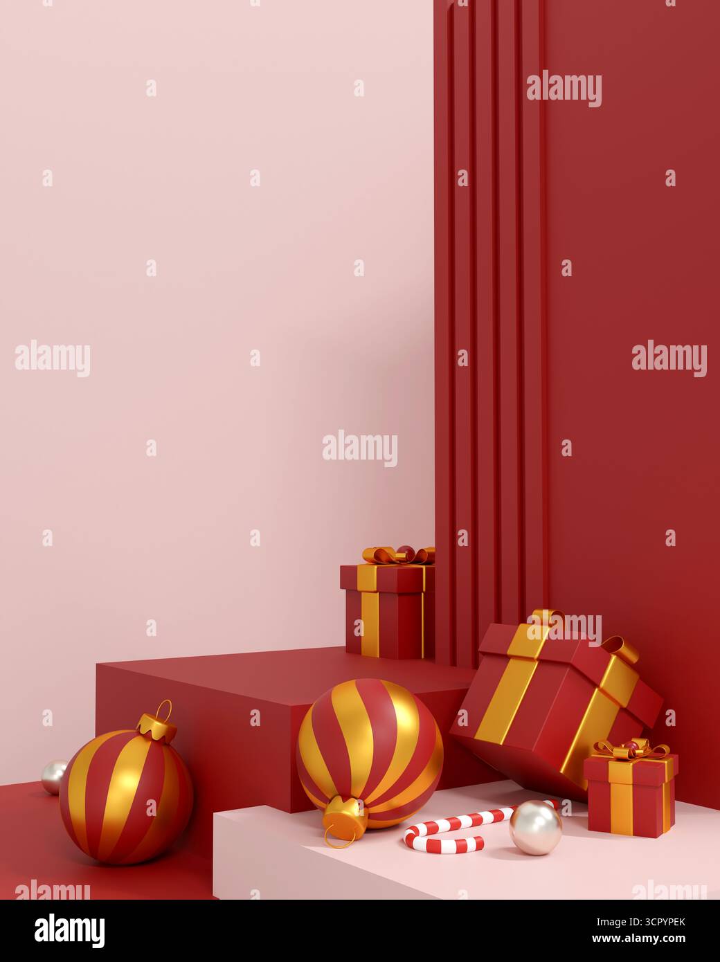 Scena del podio natalizio con scatole regalo rosse, ornamenti e canna di caramelle in un design minimalista per le feste Foto Stock