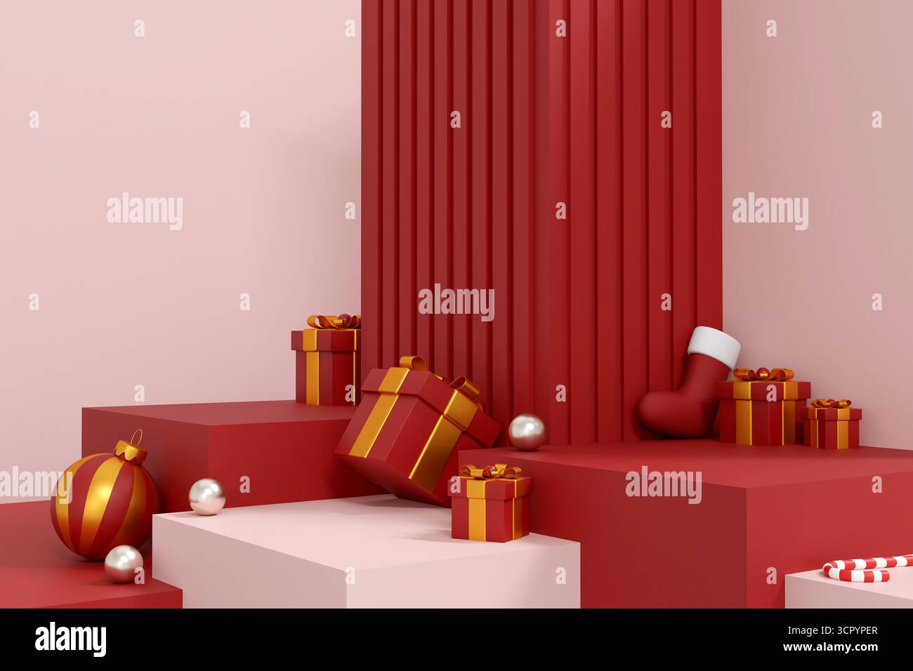Scena del podio natalizio con scatole regalo rosse, ornamenti e canna di caramelle in un design minimalista per le feste Foto Stock