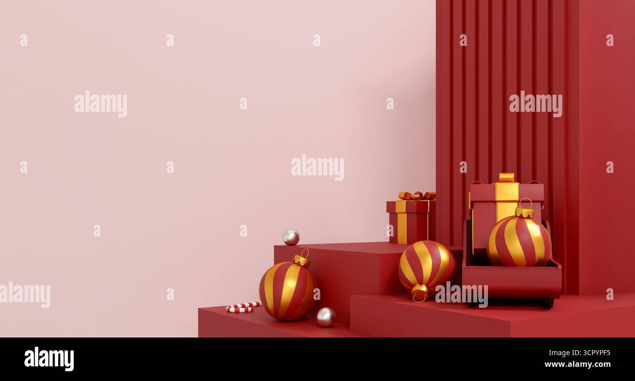 Scena del podio natalizio con scatole regalo rosse, ornamenti e canna di caramelle in un design minimalista per le feste Foto Stock