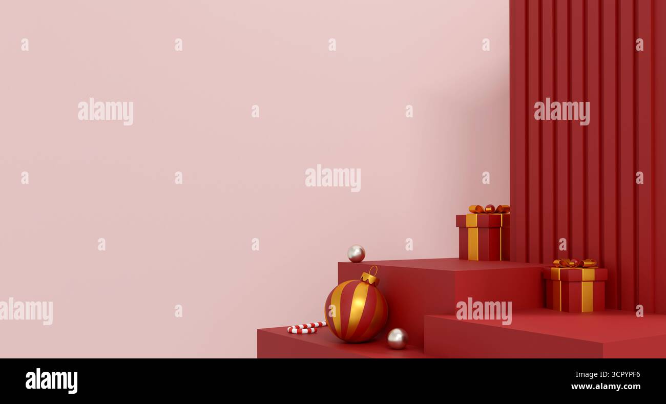 Scena del podio natalizio con scatole regalo rosse, ornamenti e canna di caramelle in un design minimalista per le feste Foto Stock