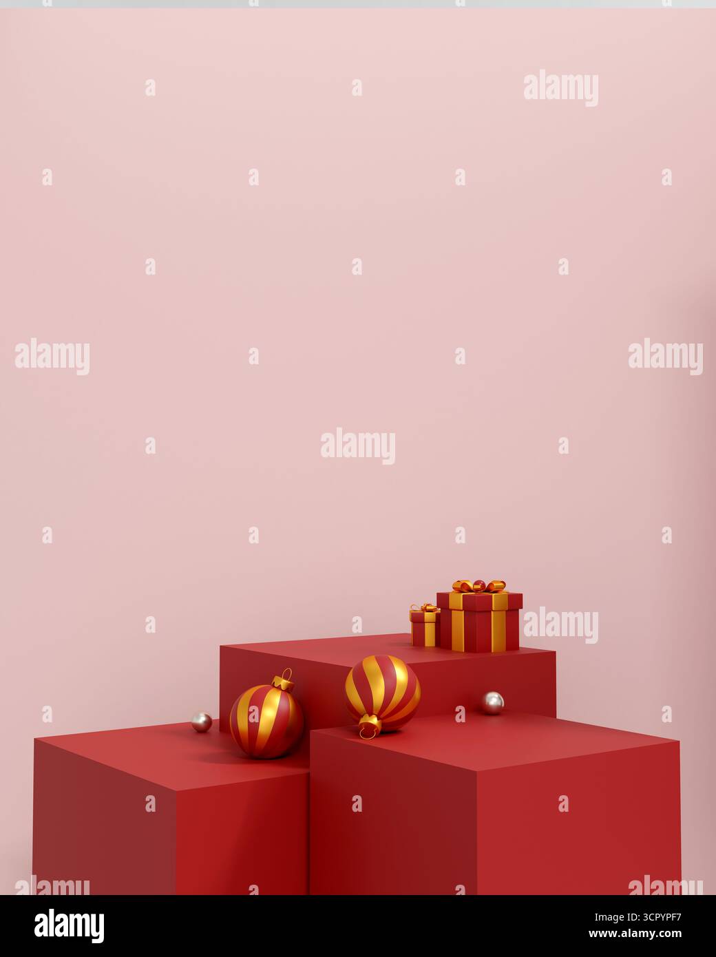 Scena del podio natalizio con scatole regalo rosse, ornamenti e canna di caramelle in un design minimalista per le feste Foto Stock