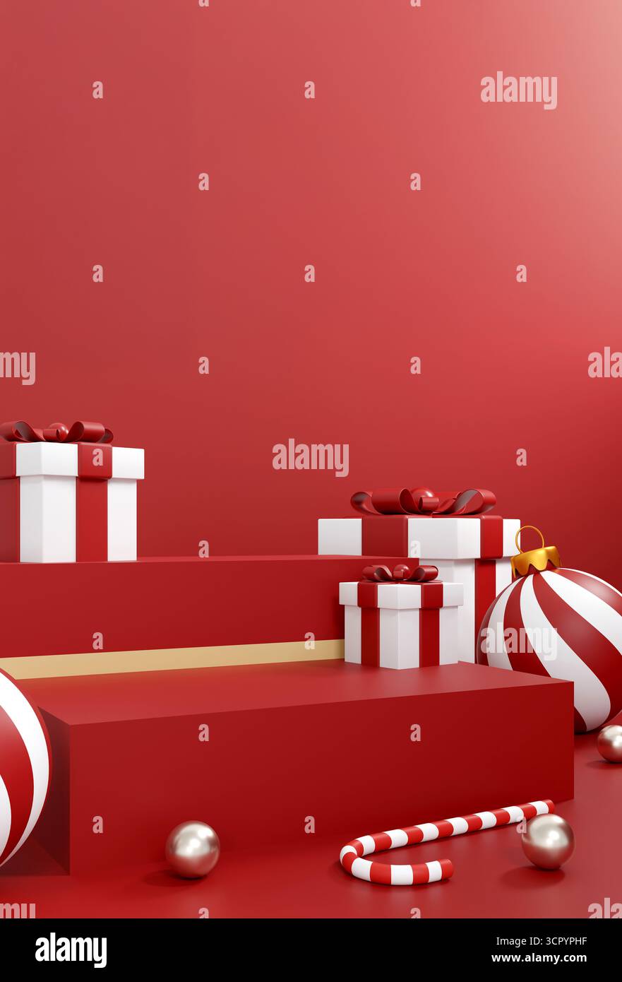 Scena del podio natalizio con scatole regalo rosse, ornamenti e canna di caramelle in un design minimalista per le feste Foto Stock