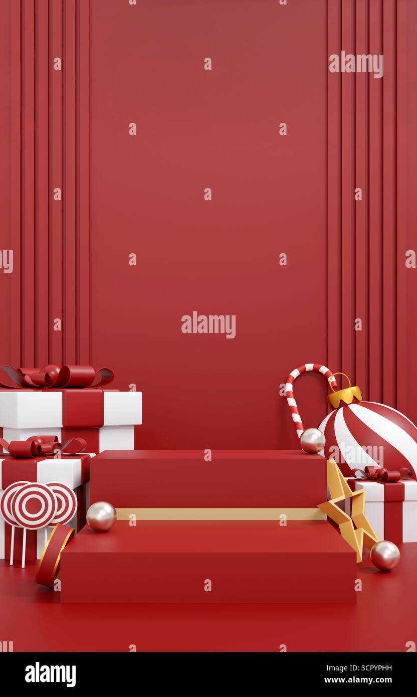 Scena del podio natalizio con scatole regalo rosse, ornamenti e canna di caramelle in un design minimalista per le feste Foto Stock