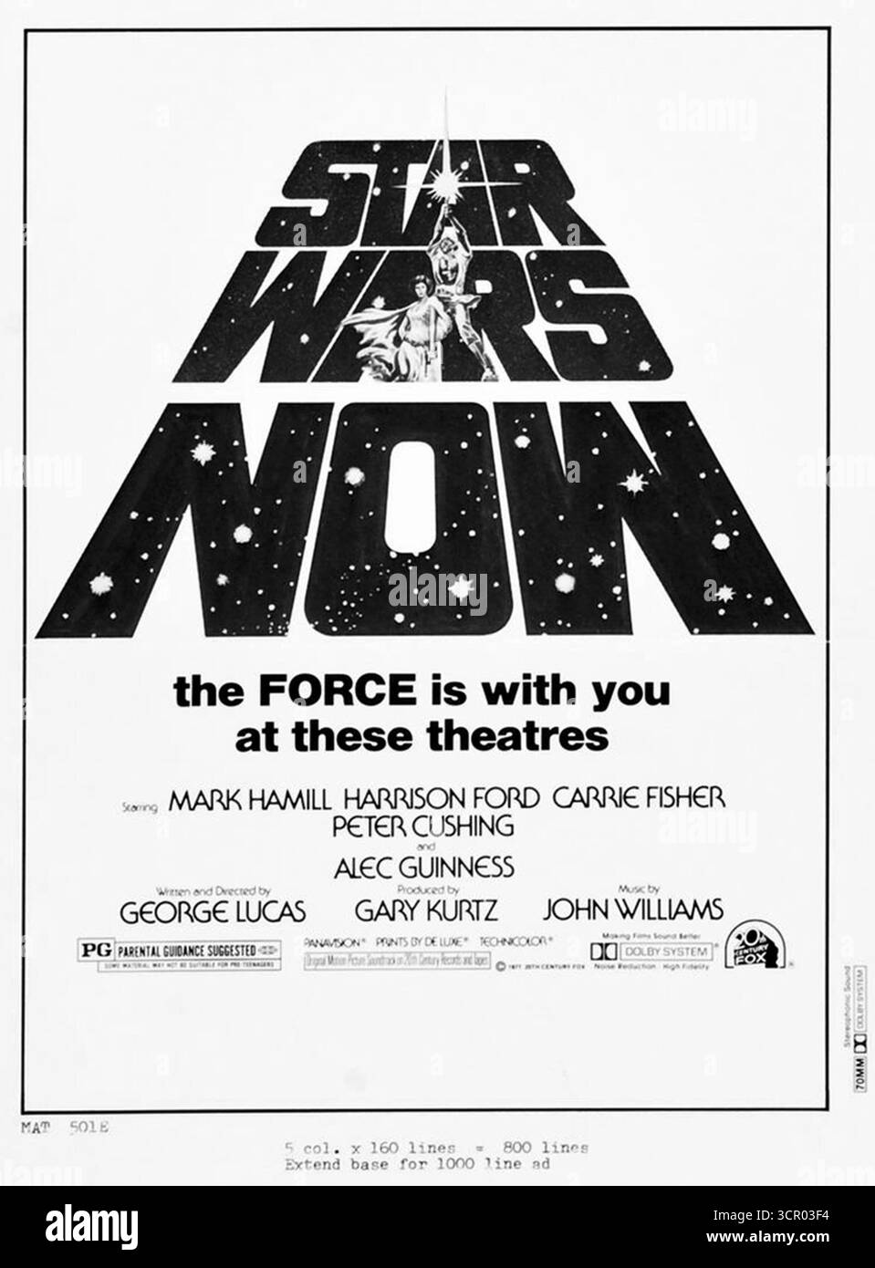 Annuncio teatrale del 1977 del giornale Star Wars, "The Force is with you at these Theatre" (la forza è con te in questi teatri) Foto Stock