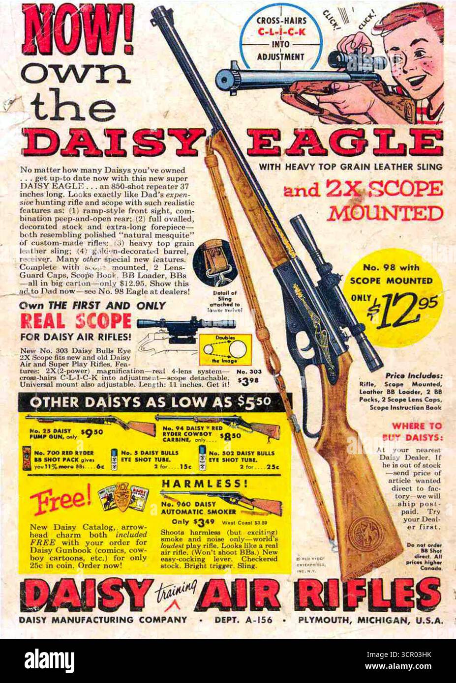 1956 Daisy Eagle Bb pistola ad aria compressa, vero oscilloscopio montato Foto Stock