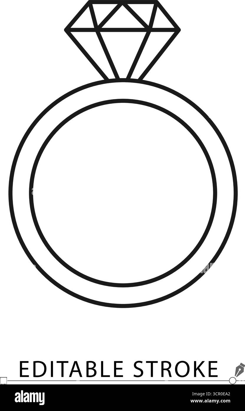Icona a forma di anello di diamante con linea minimalista e tratto modificabile. Gioielli di fidanzamento, proposta di matrimonio, accessorio di lusso, costoso regalo in pietra preziosa Illustrazione Vettoriale