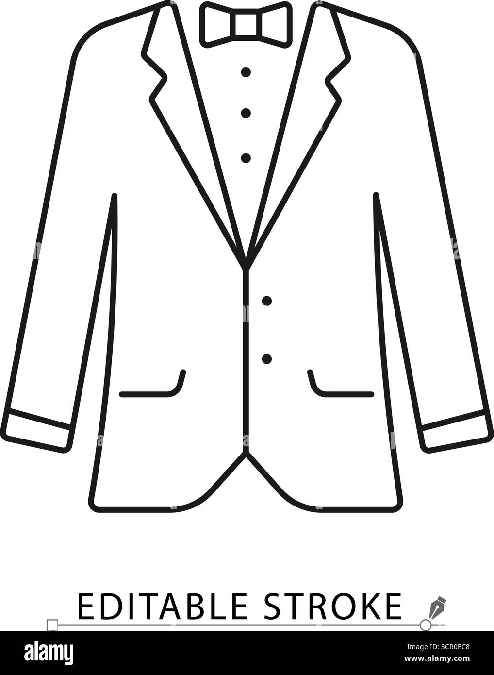 Un'icona di tuta da smoking in stile minimalista con tratto modificabile. Costume da sposa, abbigliamento formale, abbigliamento da gentiluomo, uomo classico Illustrazione Vettoriale