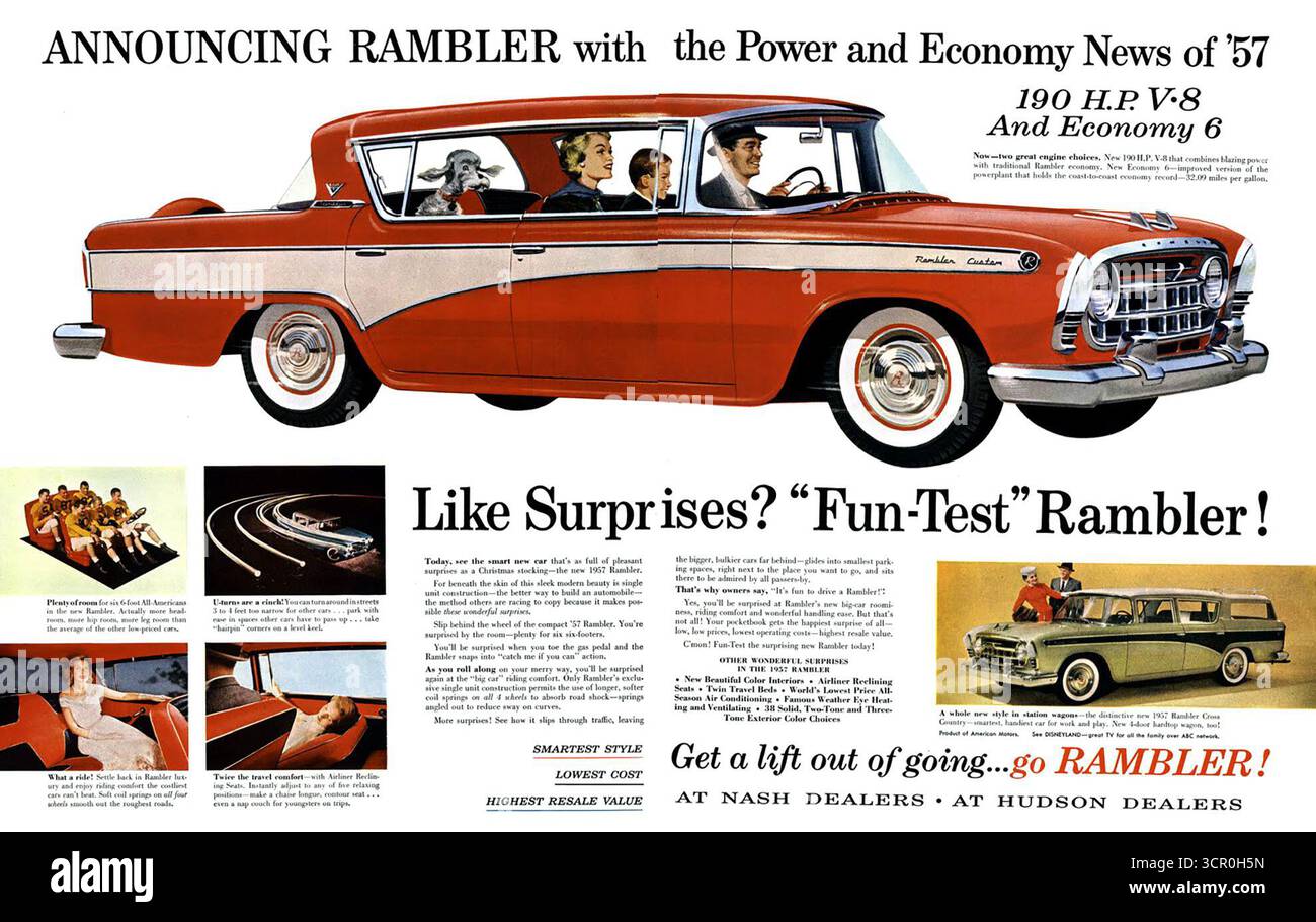 1957 pubblicità Rambler Custom 2 colori rosso bianco 4 porte coupé Foto Stock