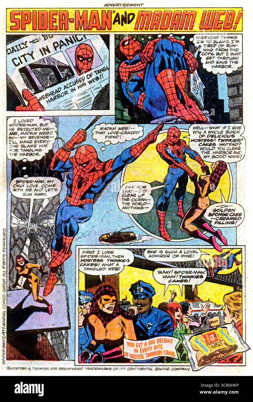 1977 Spider-Man e Madam Web per l'annuncio di Hostess Twinkies Foto Stock 1977 Spider-Man e Madam Web per l'annuncio di Hostess Twinkies Foto Stock