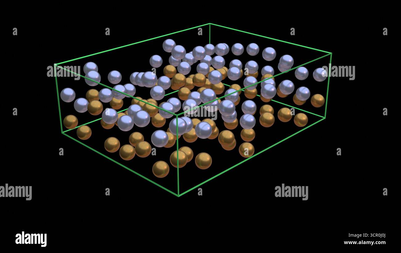 Disposizione caotica degli atomi. Diffondi casualmente particelle in uno schema disorganizzato. Doppio strato. illustrazione di rendering 3d. Foto Stock