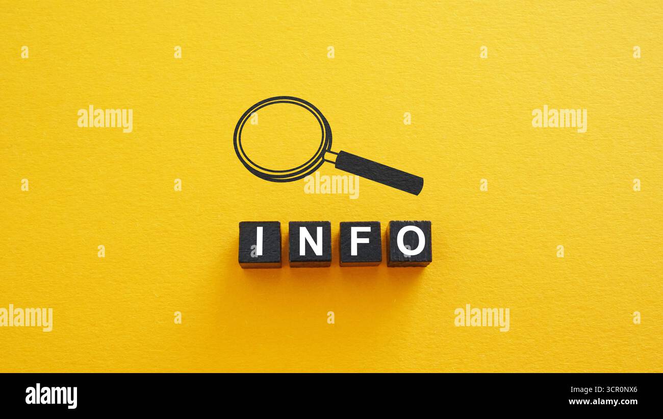 Lente d'ingrandimento con informazioni sulla parola. Ricerca di informazioni. Foto Stock