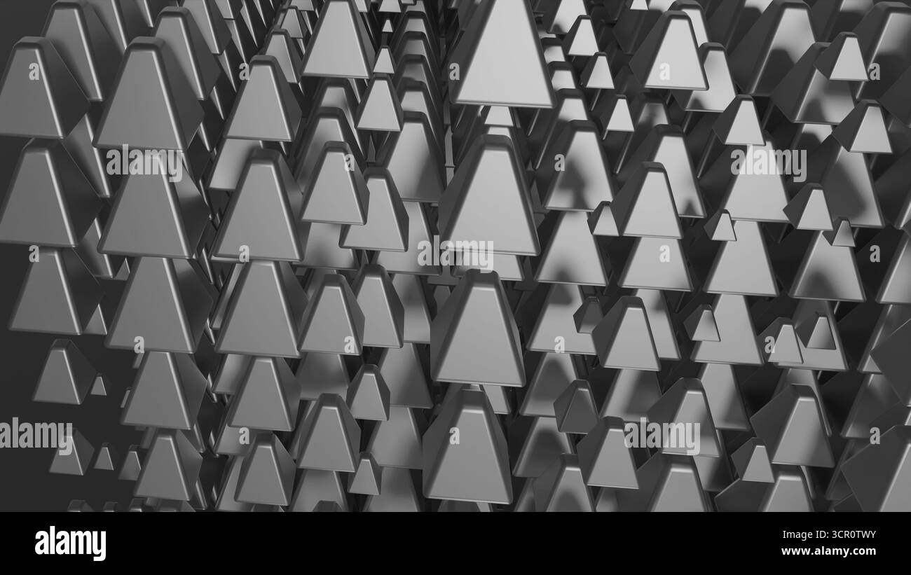 una moltitudine di forme triangolari riempie lo spazio, disposte in modo ordinato. I colori blu esaltano la moderna sensazione astratta, creando profondità Foto Stock