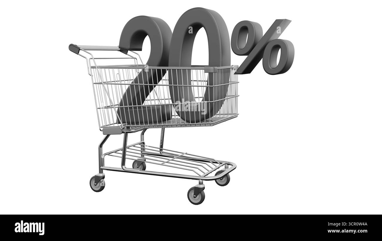 Il carrello con un grande cartello nero di sconto mostra uno sconto del 20% durante la stagione natalizia. sconto black friday Foto Stock