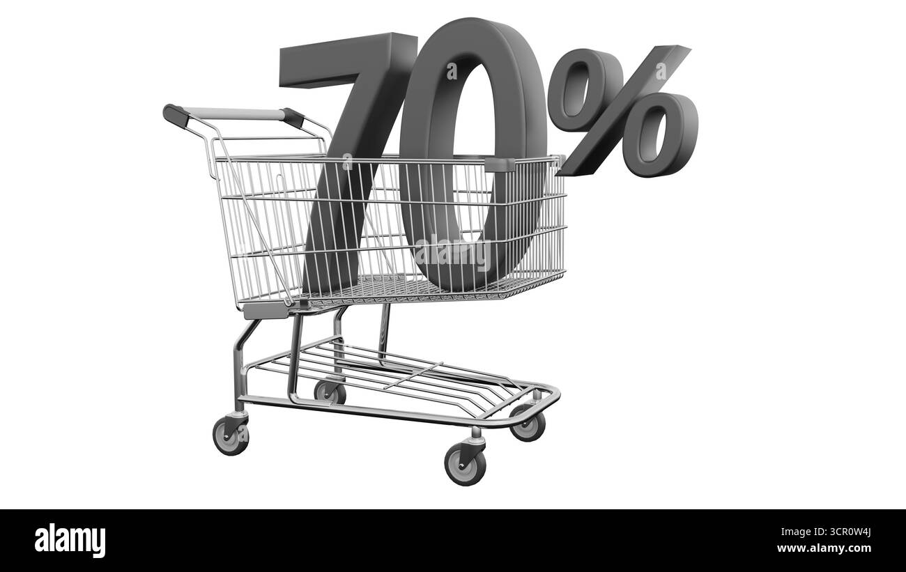 Il carrello con l'insegna nera di sconto mostra uno sconto del 70% durante le festività natalizie. sconto black friday Foto Stock