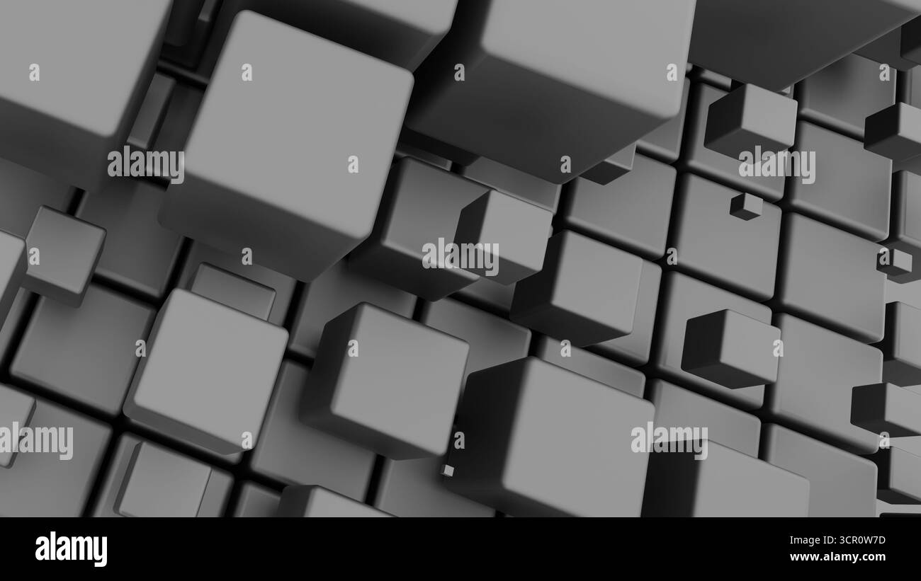 I coloratissimi cubi neri creano un accattivante display visivo con profondità e dimensioni in un moderno design digitale Foto Stock