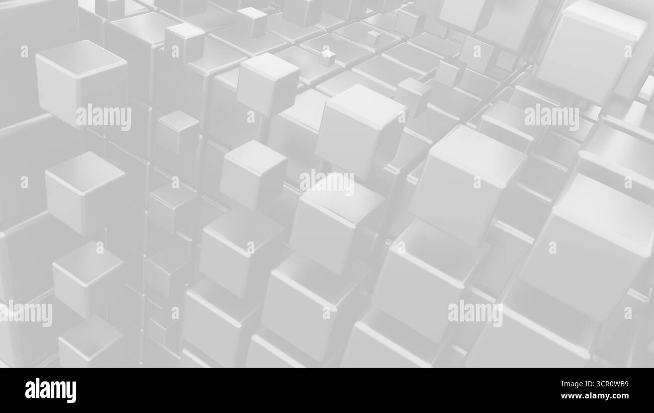 Design digitale astratto con disposizione 3D di cubi bianchi in un motivo geometrico su sfondo chiaro Foto Stock