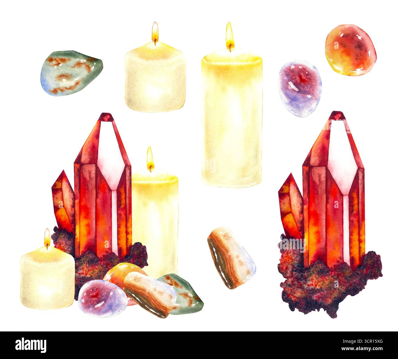 Illustrazione ad acquerello candele in cristallo di granato rosso e pietre lucidate in vari colori in un set rituale mistico. Per il branding metafisico, guide alla meditazione e confezioni esoteriche. Foto Stock