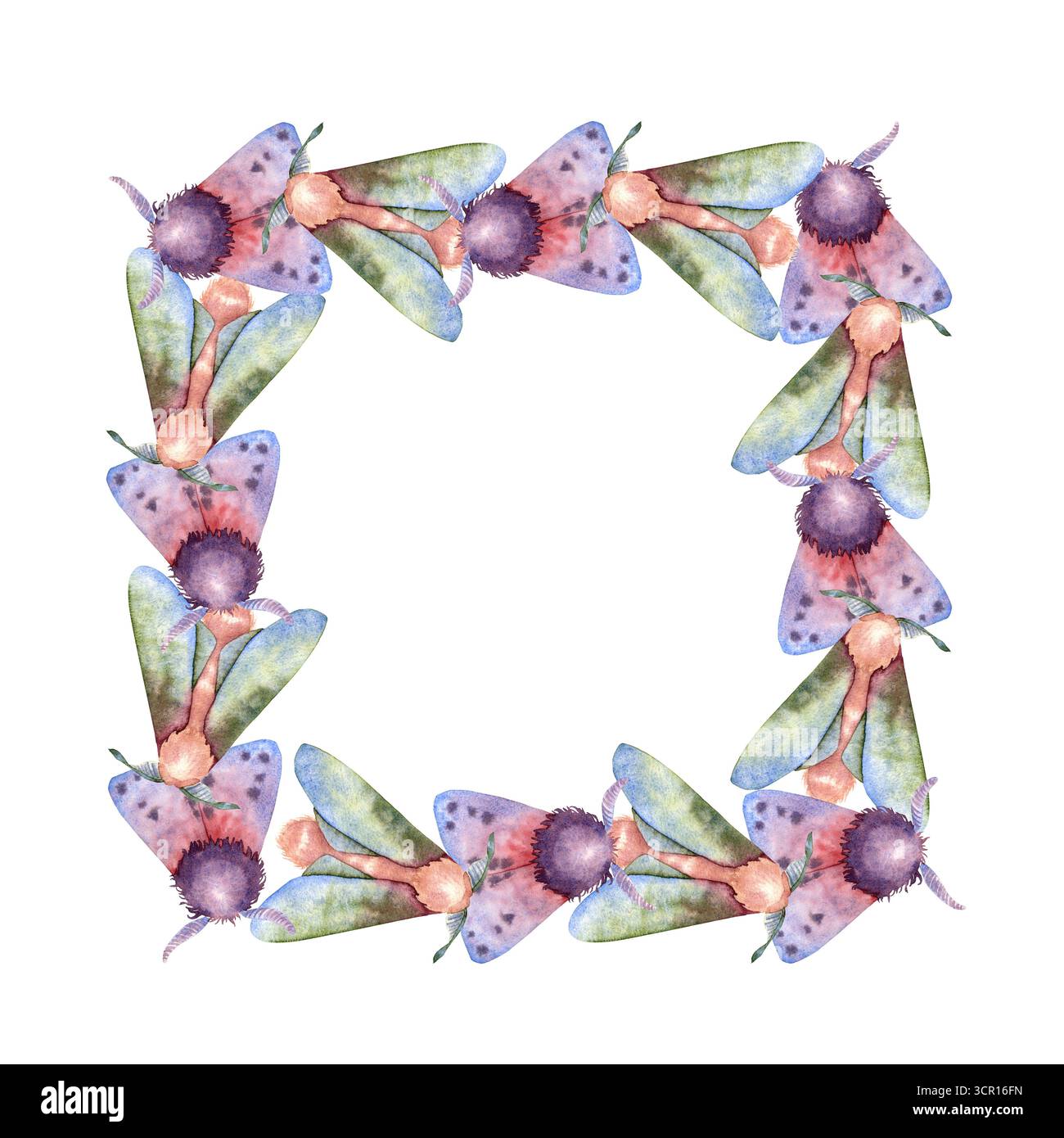 Illustrazione ad acquerello di falena mistica, insetto a farfalla che simboleggia trasformazione, intuizione e cornice magica notturna. Perfetto per progetti esoterici, rituali, Wicca e disegni a tema misterioso. Foto Stock