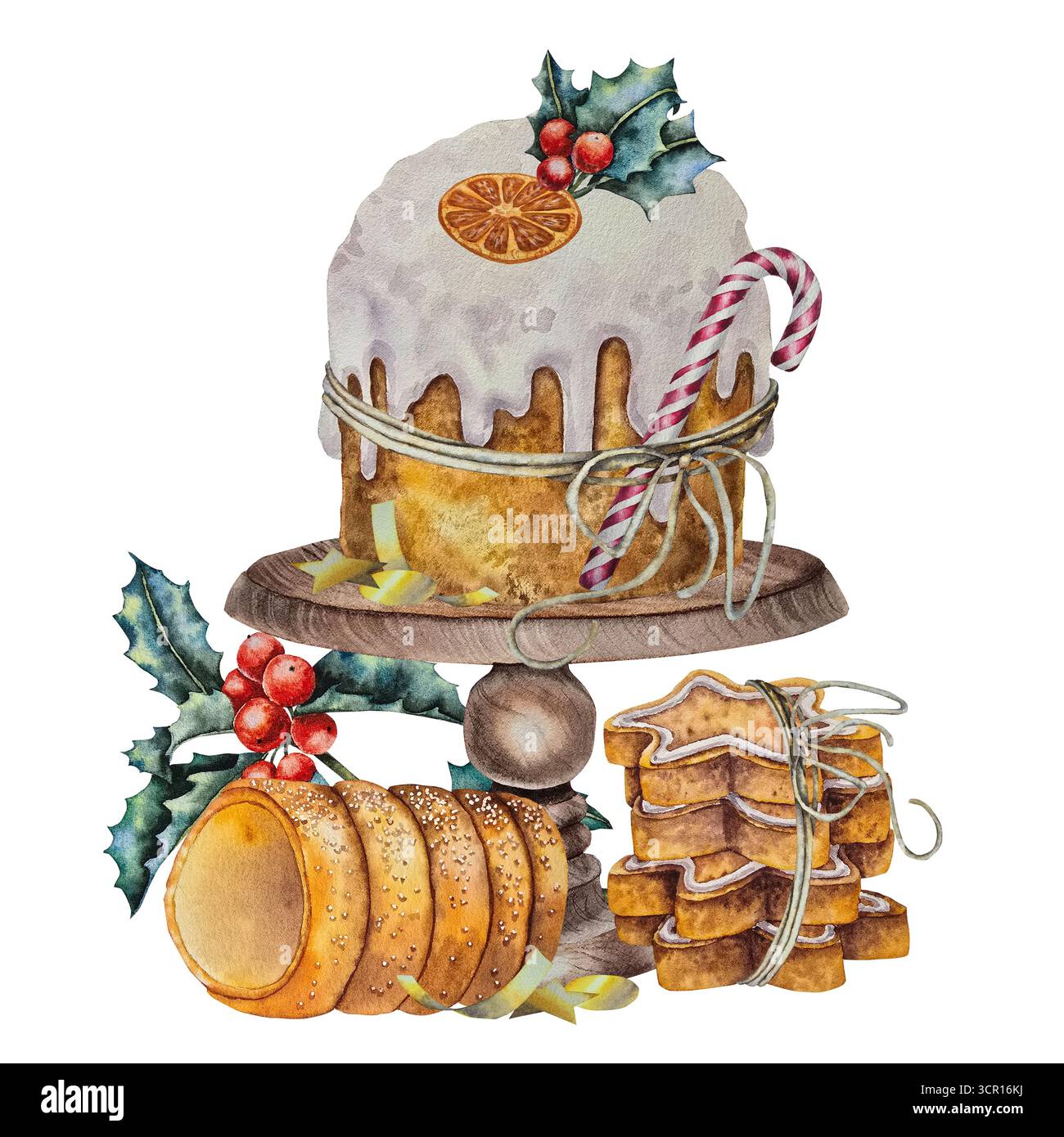 Illustrazione acquerello dolci natalizi pannetone, foglie di agnello biscotti al pan di zenzero trdelnik e canna da zucchero su un banco per torte in legno. per il packaging natalizio, l'arredamento della cucina e il marchio dei prodotti da forno invernali. Foto Stock