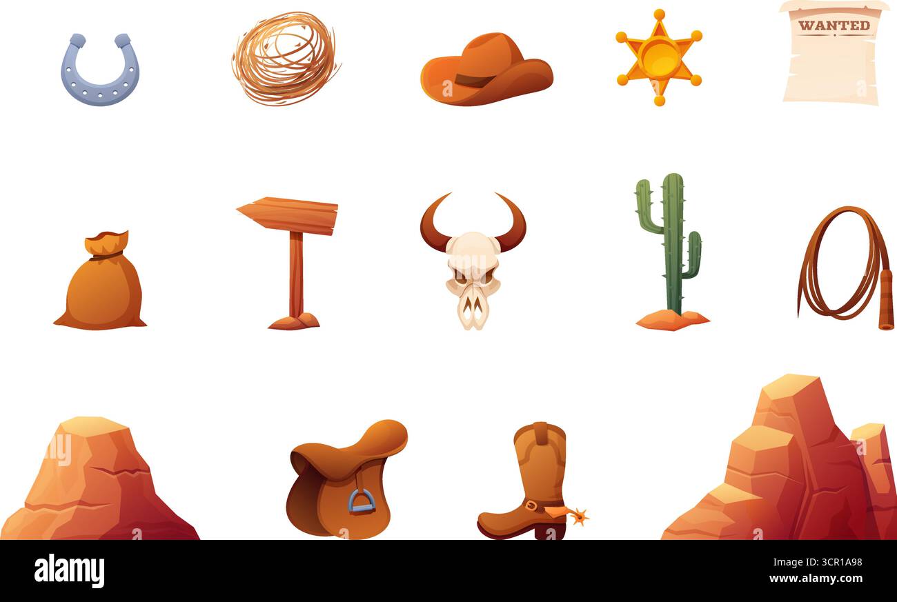 Elementi WESTERN dei cartoni animati. Accessori isolati dal selvaggio West, stella d'oro dello sceriffo, stivale e cappello da cowboy. Piante desertiche, cactus, montagne e ferro di cavallo sapid Illustrazione Vettoriale