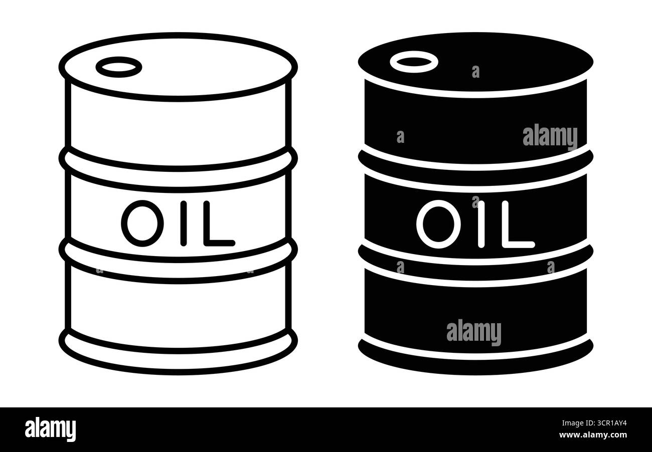Semplici icone in bianco e nero delle botti di olio, ideali per progetti energetici e industriali. Perfetto per illustrare concetti relativi a combustibile, risorse, AN Illustrazione Vettoriale