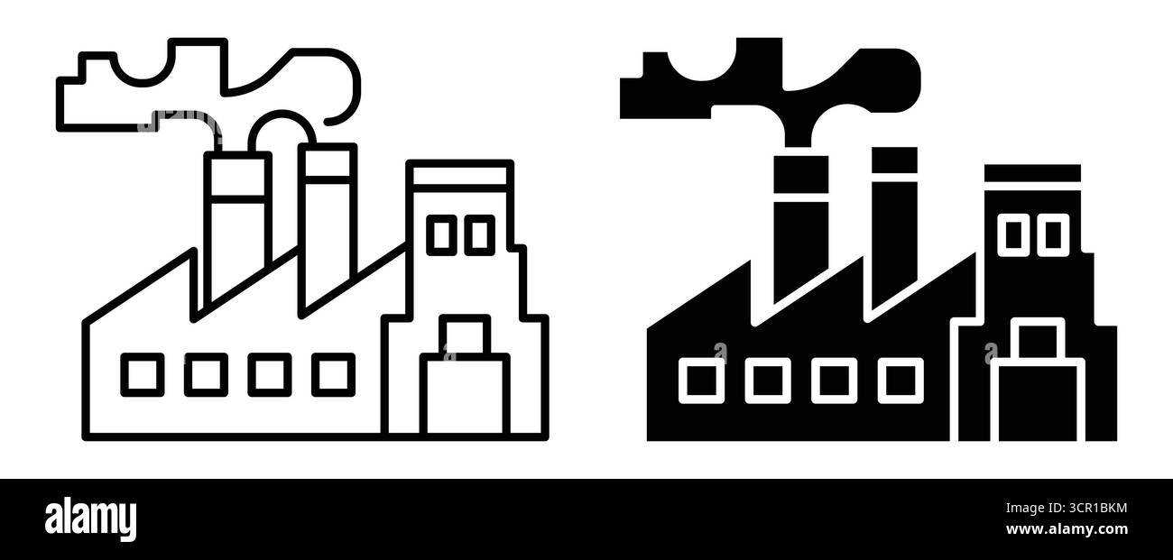 Questa immagine presenta un'icona di una fabbrica industriale sia in stile contorno che solido, perfetta per rappresentare i temi di produzione e produzione in grafico Illustrazione Vettoriale