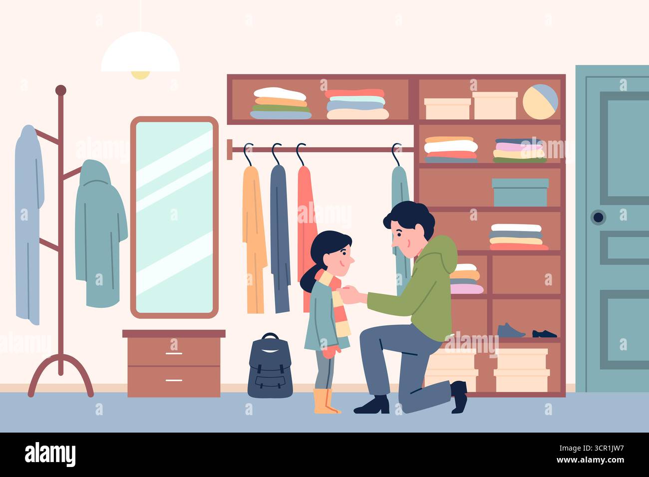 Genitore aiuta a vestire il bambino. Padre collega la sciarpa figlia prima di andare a piedi o a scuola. Prendersi cura del papà con la ragazza nel corridoio di casa, vestirsi con un outfit stagionale, re Illustrazione Vettoriale
