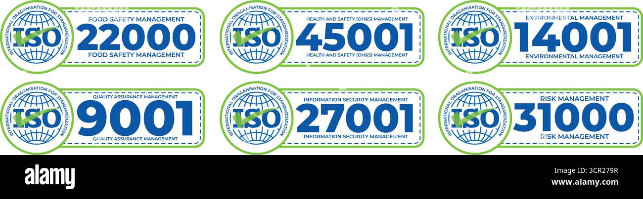 Pacchetto etichette di certificazione ISO - 22000 sicurezza alimentare, 45001 salute e sicurezza, 14001 ambiente, 9001 qualità, 27001 sicurezza delle informazioni, 31000 rischio Illustrazione Vettoriale