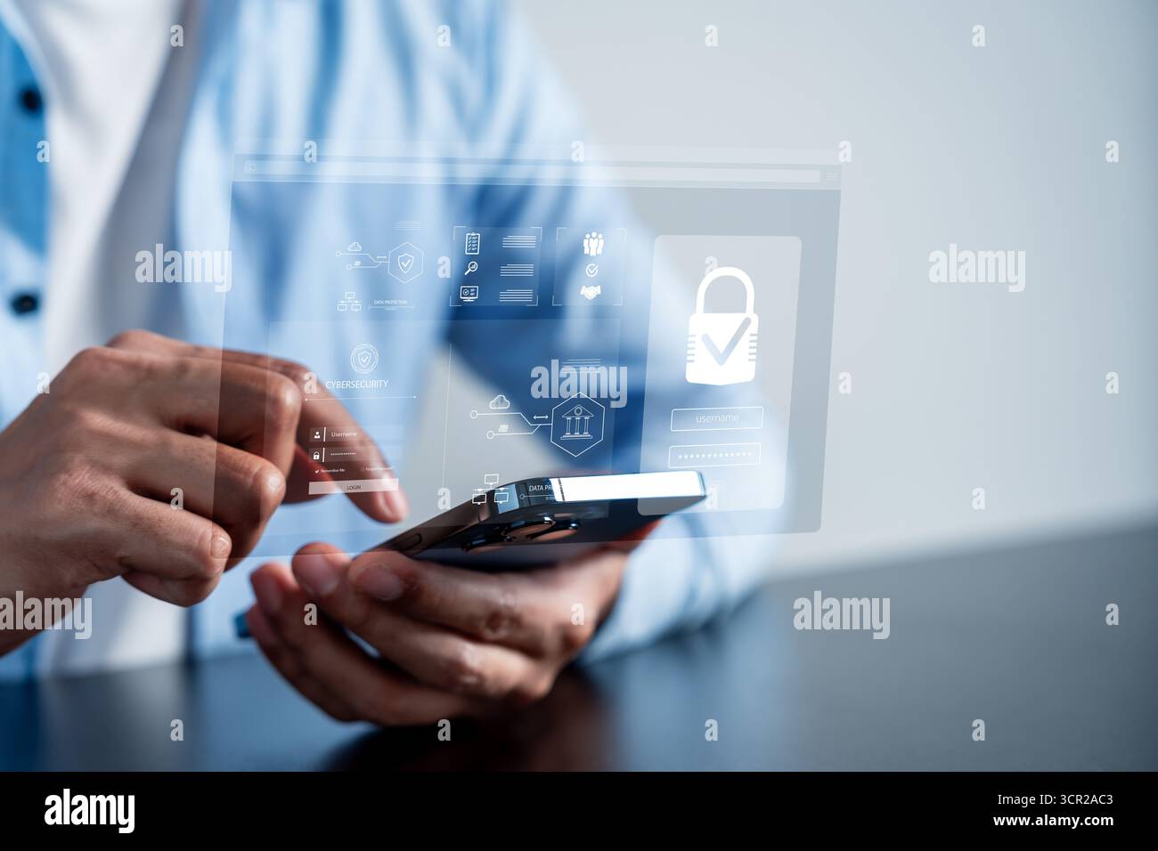 Sicurezza informatica per accedere a dati sicuri, protezione del login e sicurezza dell'identità digitale in dispositivi mobili e. Foto Stock