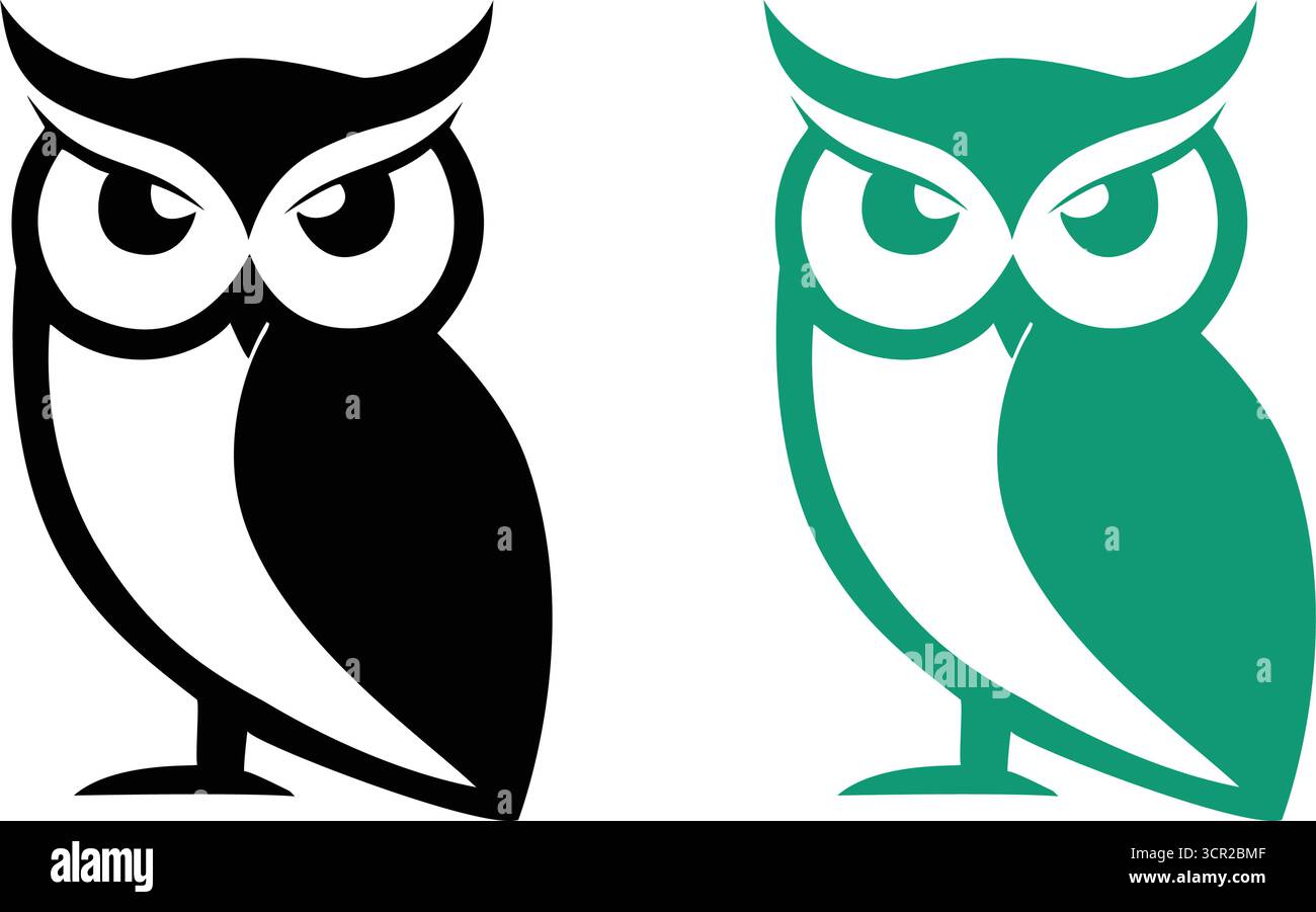 illustrazioni di gufi saggi in nero e verde acqua, design stilizzato degli uccelli per loghi, icone, educazione e temi naturali, arte animale intelligente Illustrazione Vettoriale
