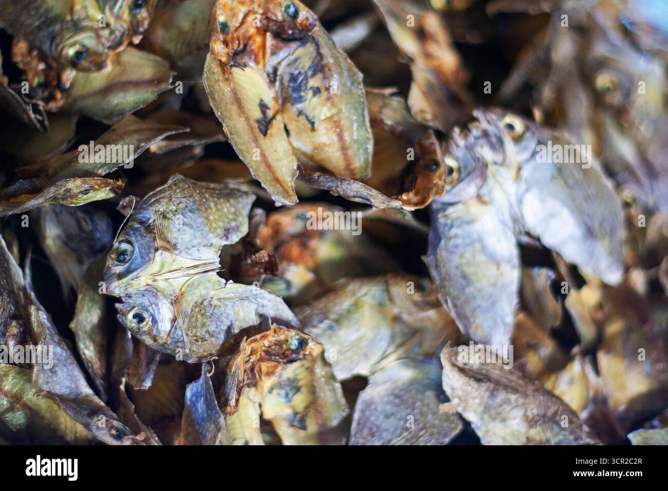 Un mucchio di pesce essiccato in un mercato, un prodotto popolare e un'industria nell'isola di Bantayan, Cebu, Filippine Foto Stock