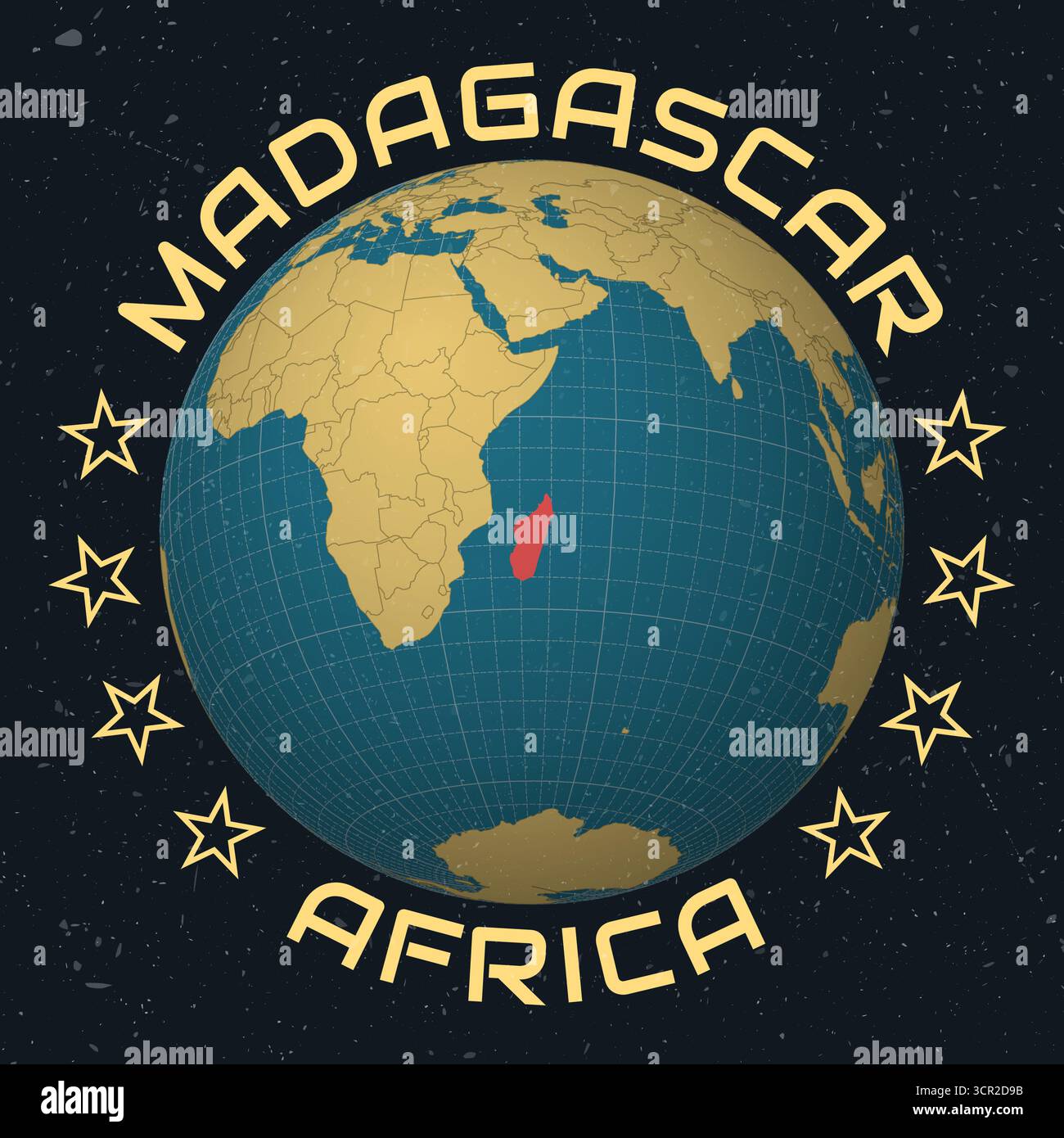Madagascar su Globe. Nome del paese testo rotondo. Look vintage con texture graffiata graffiata. Illustrazione Vettoriale