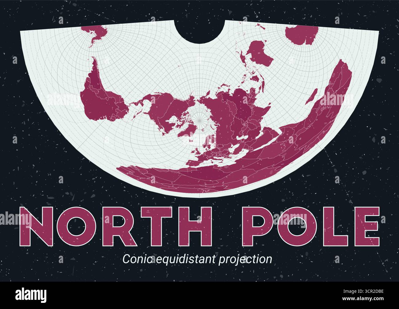 Polo Nord. Mappa del mondo. Proiezione conica equidistante centrata sul polo nord. Pallido Mint Dark Pink (Rosa scuro). Texture vintage. Illustrazione Vettoriale